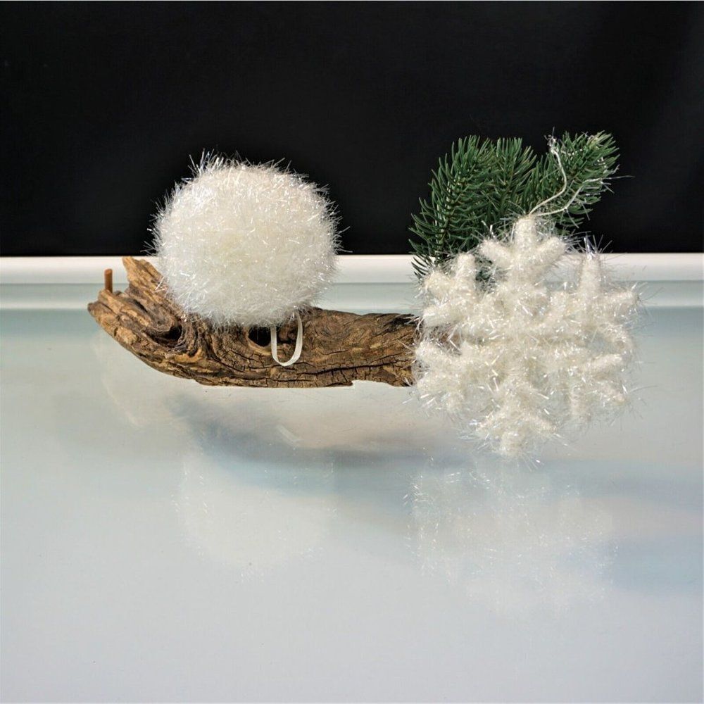 Frosted Snowflake And Snowball Feathered Tinsel Glittery Christmas Ornaments